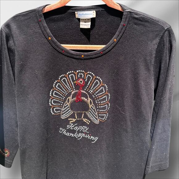 Bling Bling Artwear Rhinestone Black 3/4 Sleeve Shirt M Turkey Thanksgiving Fun - Picture 2 of 11